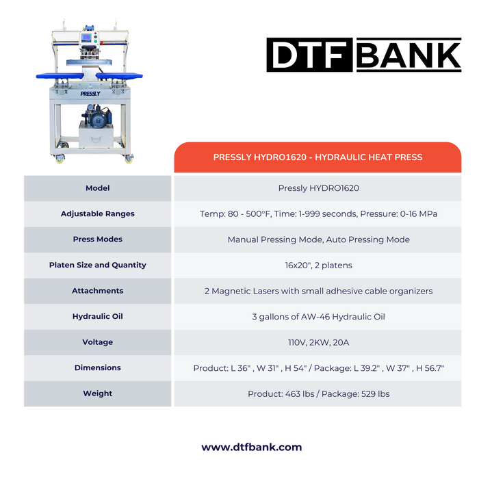 HYDRO1620 - Hydraulic Head Moving Heat Press (16x20 inches)